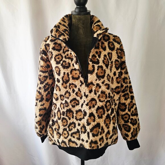 πLike Newπ Express Animal Print Half-Zip Teddy Jacket, Tan/Brown/Black Size XS - Picture 2 of 7